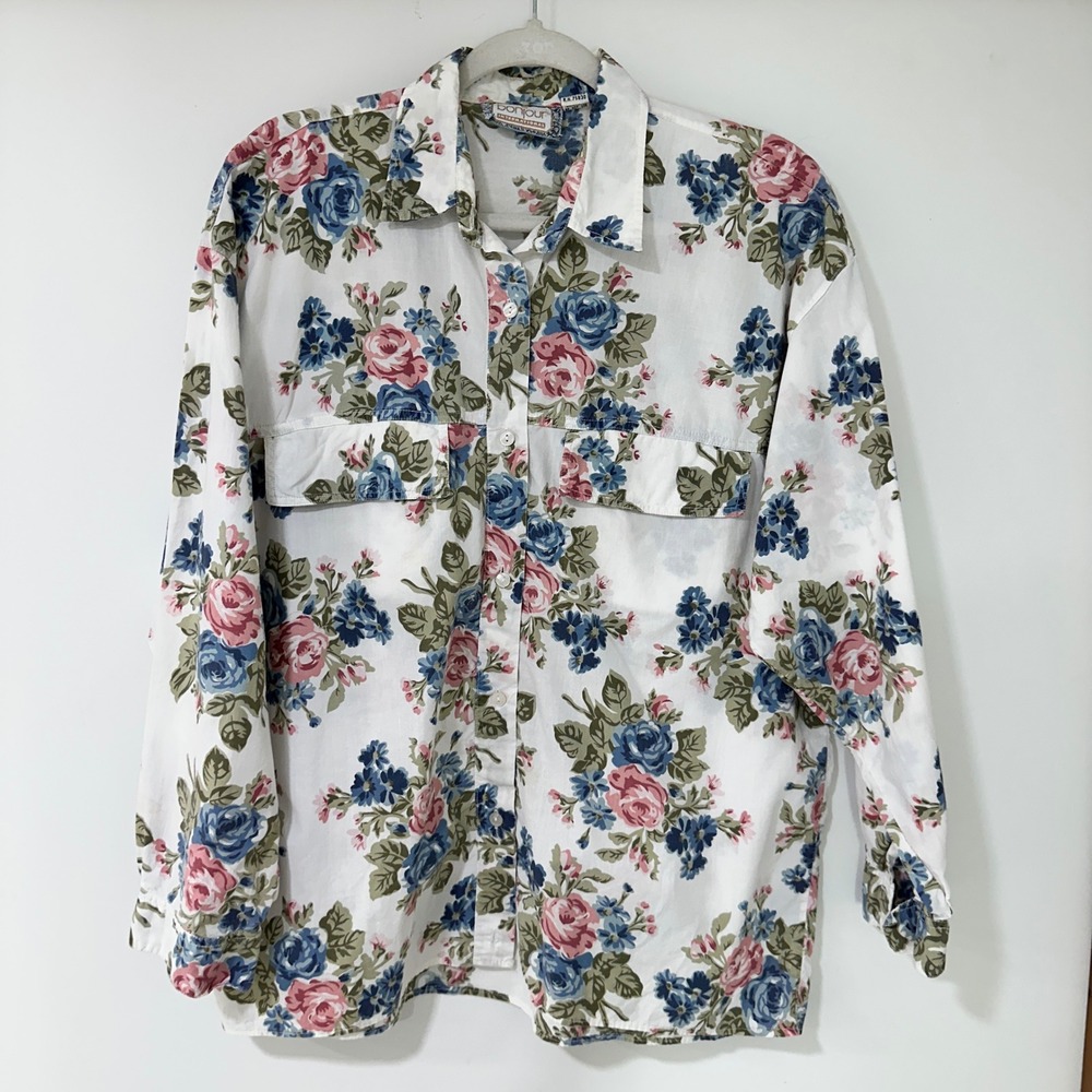 Bonjour Floral Button Down Shirt Womens Large White Pink Blue Cotton Cottagecore